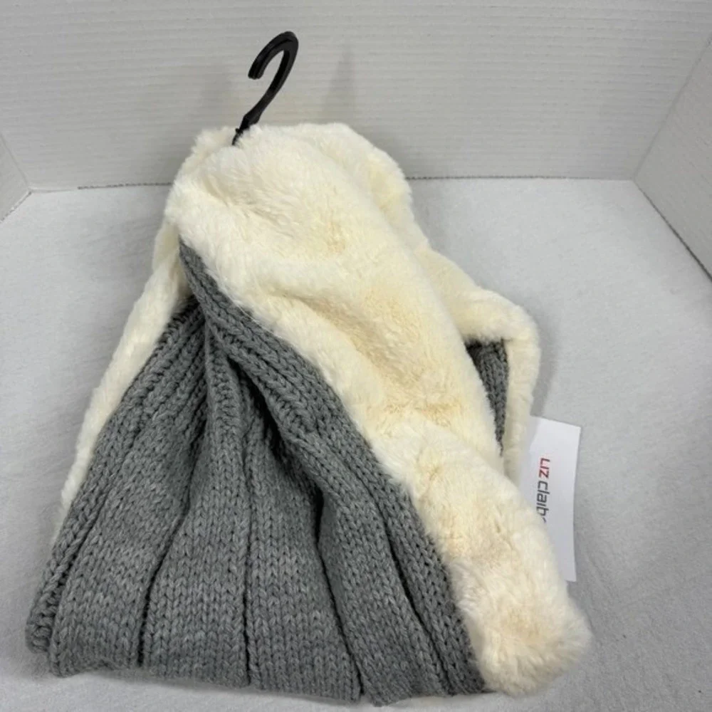 Liz Claiborne Infinity Scarf Gray Cable Knit Faux Fur Lined NWT Winter